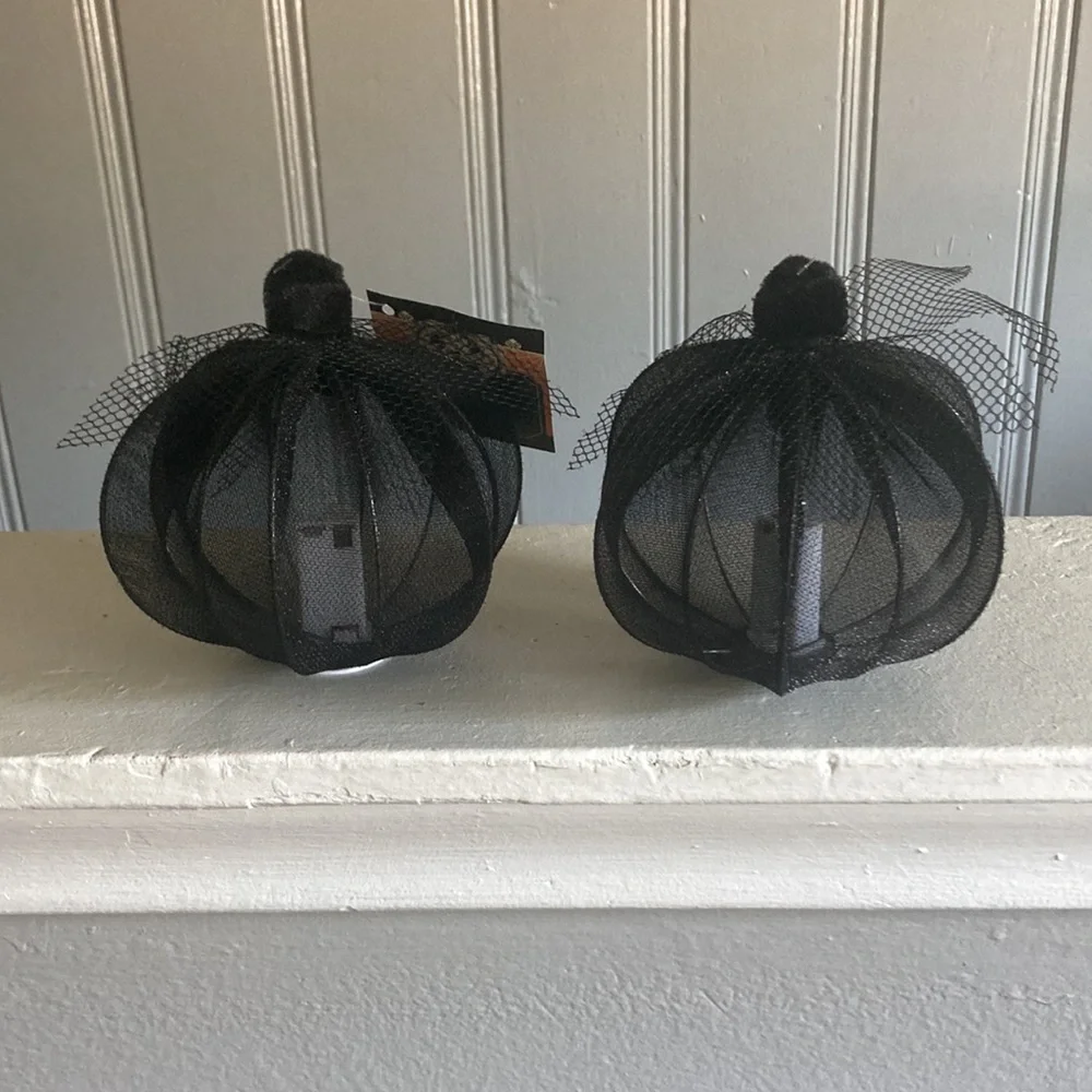 NWT- 2- Elegant Black Lace Covered Light Up LED Halloween Pumpkin Decorations